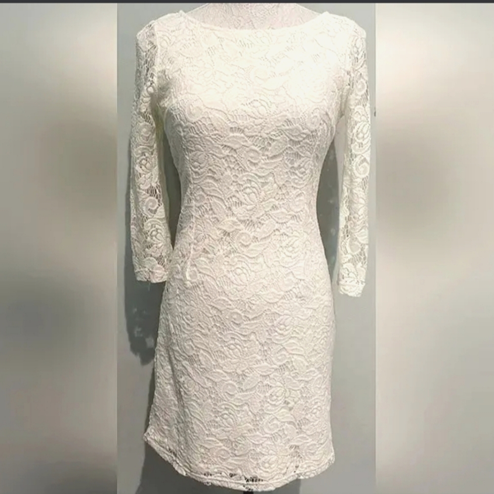 TRF Zara Ivory 3/4 Sleeve Floral Lace Body Con Cocktail Short Dress, Medium